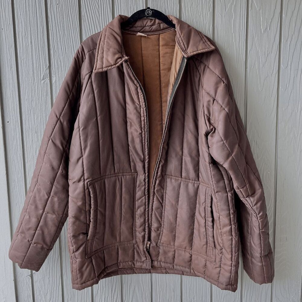 Vintage 70s Brown Quilted Nylon Jacket Workwear Chore Coat Insulated Zip XL
